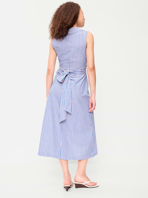Sleeveless Wrap-Waist Midi Shirt Dress