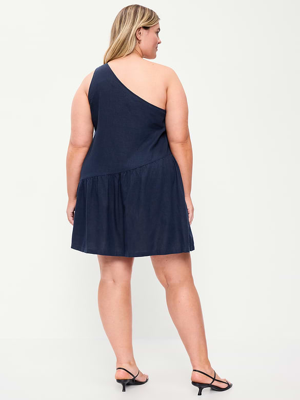 One-Shoulder Asymmetrical Linen-Blend Mini Dress