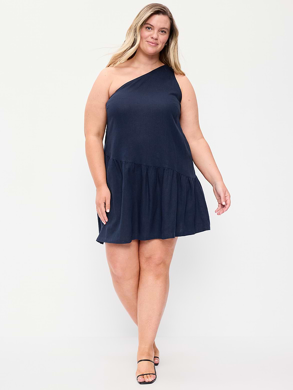 One-Shoulder Asymmetrical Linen-Blend Mini Dress