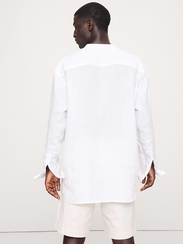 Relaxed-Fit Linen Banded-Collar Shirt