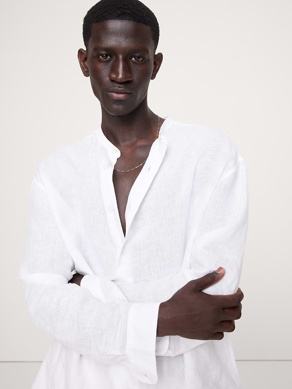 Relaxed-Fit Linen Banded-Collar Shirt
