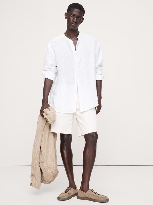 Relaxed-Fit Linen Banded-Collar Shirt