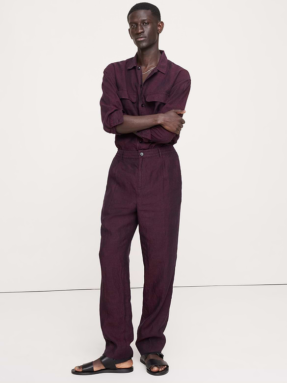 Pantalon droit habillé à taille extensible en lin
