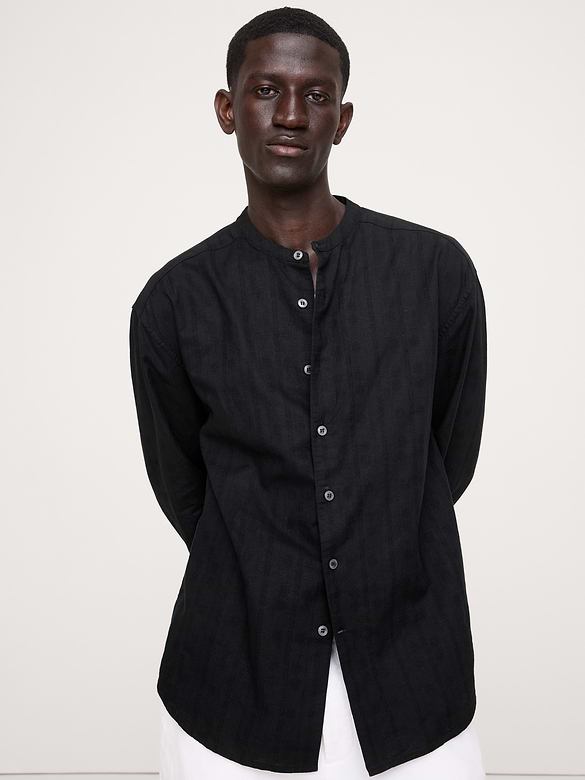 Relaxed-Fit Cotton-Linen Banded-Collar Shirt