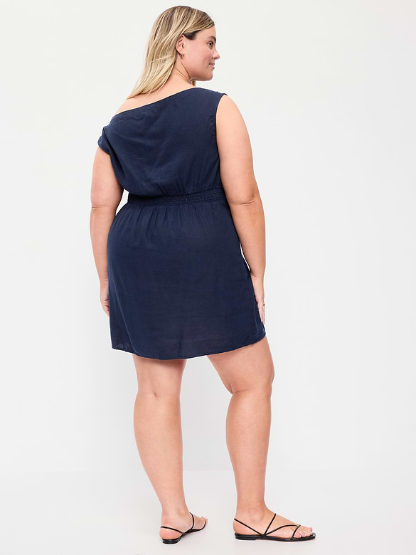 Asymmetrical Shoulder Linen-Blend Mini Dress