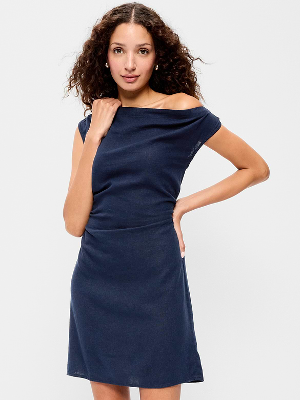 Asymmetrical Shoulder Linen-Blend Mini Dress