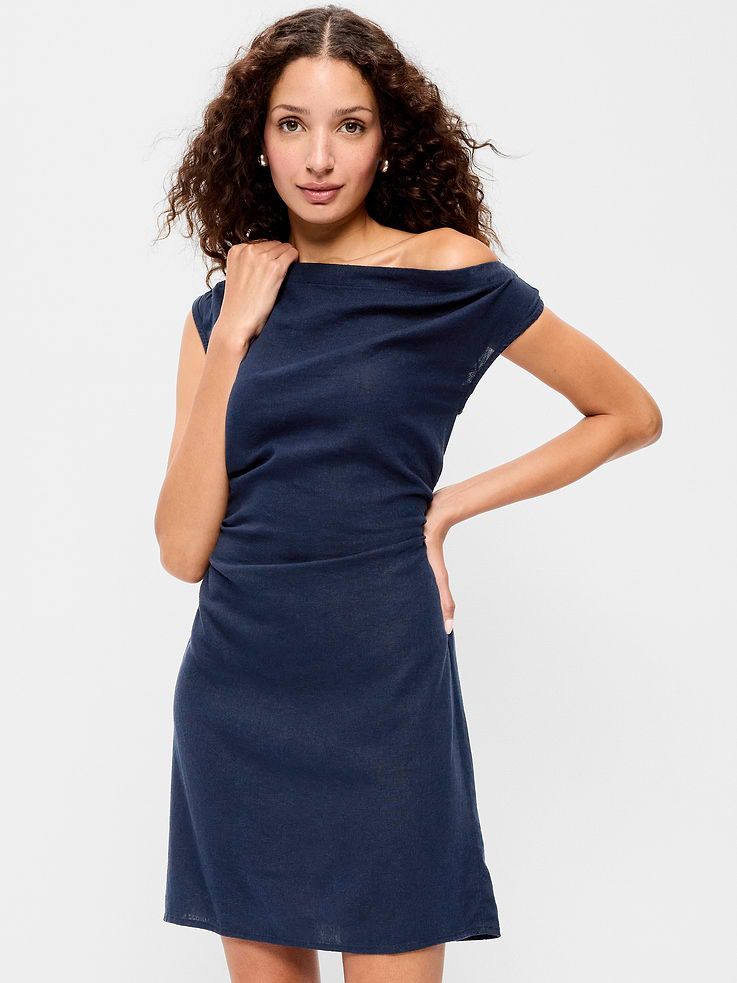 Image number 3 showing, Asymmetrical Shoulder Linen-Blend Mini Dress