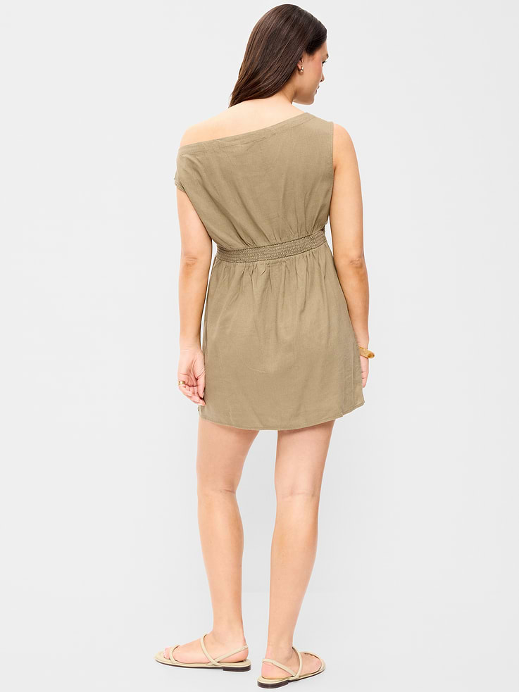 Image number 7 showing, Asymmetrical Shoulder Linen-Blend Mini Dress