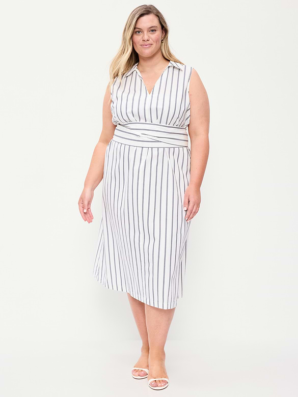 Sleeveless Wrap-Waist Midi Shirt Dress