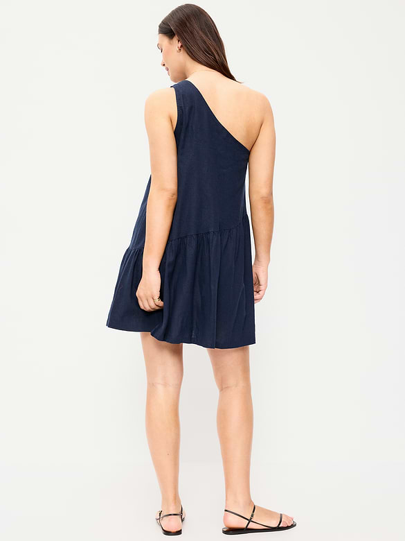 One-Shoulder Asymmetrical Linen-Blend Mini Dress