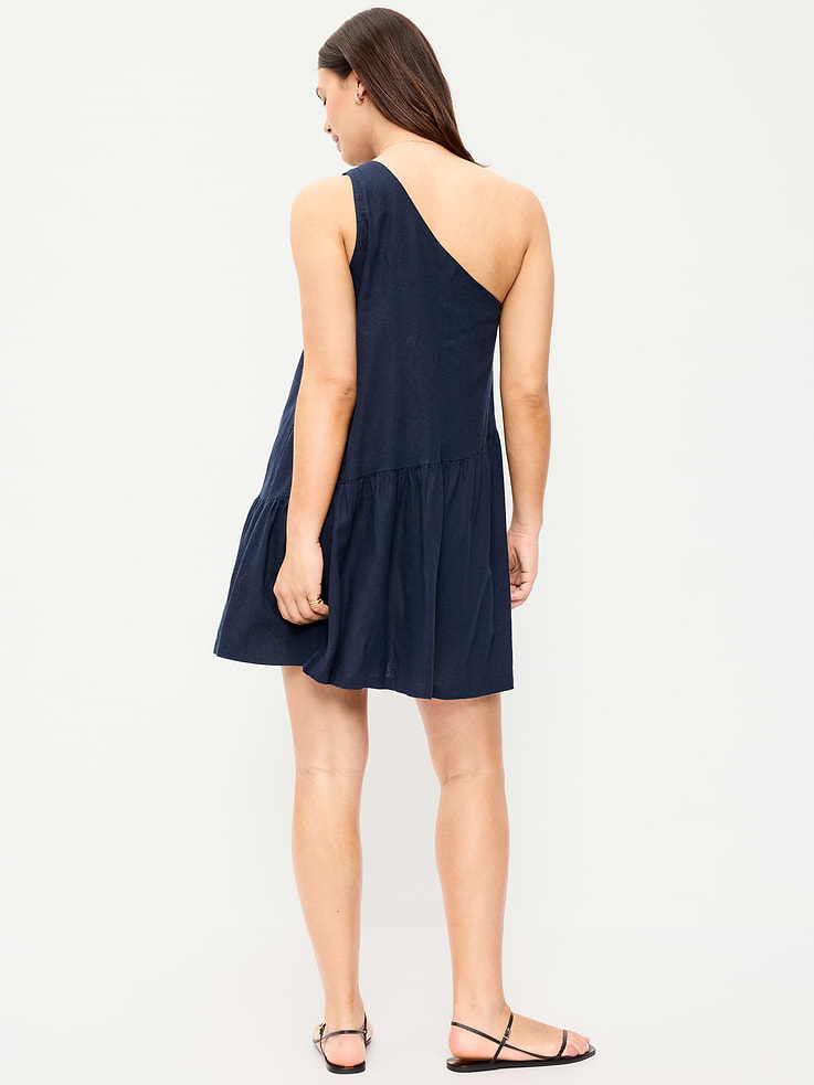 Image number 7 showing, One-Shoulder Asymmetrical Linen-Blend Mini Dress