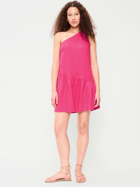One-Shoulder Asymmetrical Linen-Blend Mini Dress