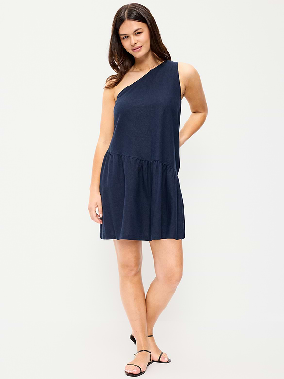 One-Shoulder Asymmetrical Linen-Blend Mini Dress