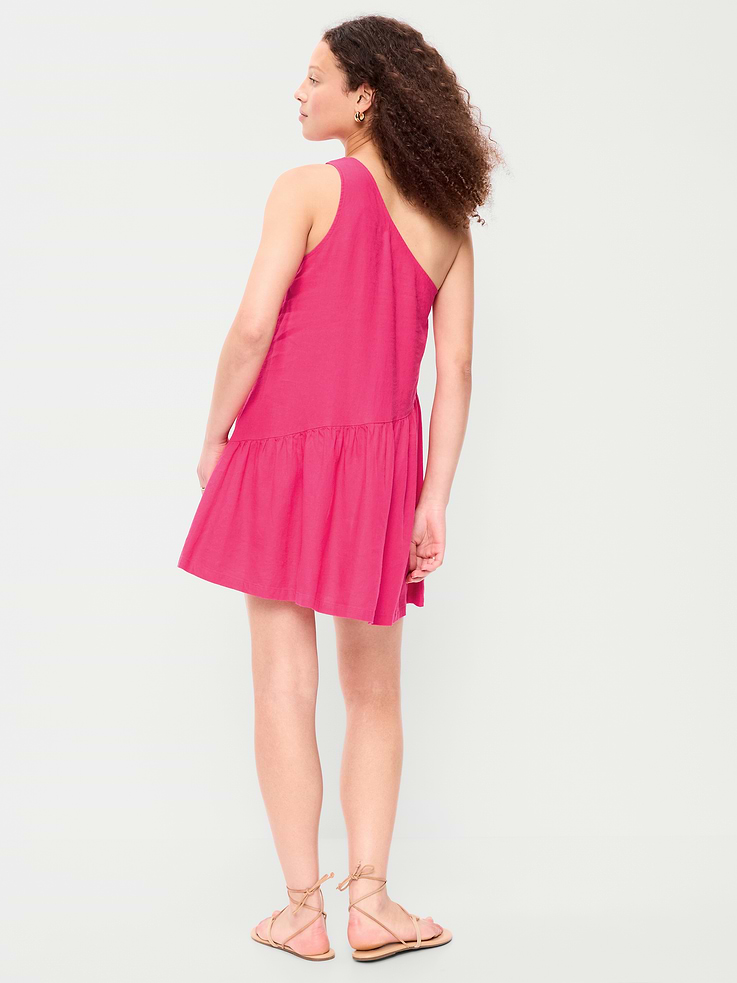 Image number 2 showing, One-Shoulder Asymmetrical Linen-Blend Mini Dress