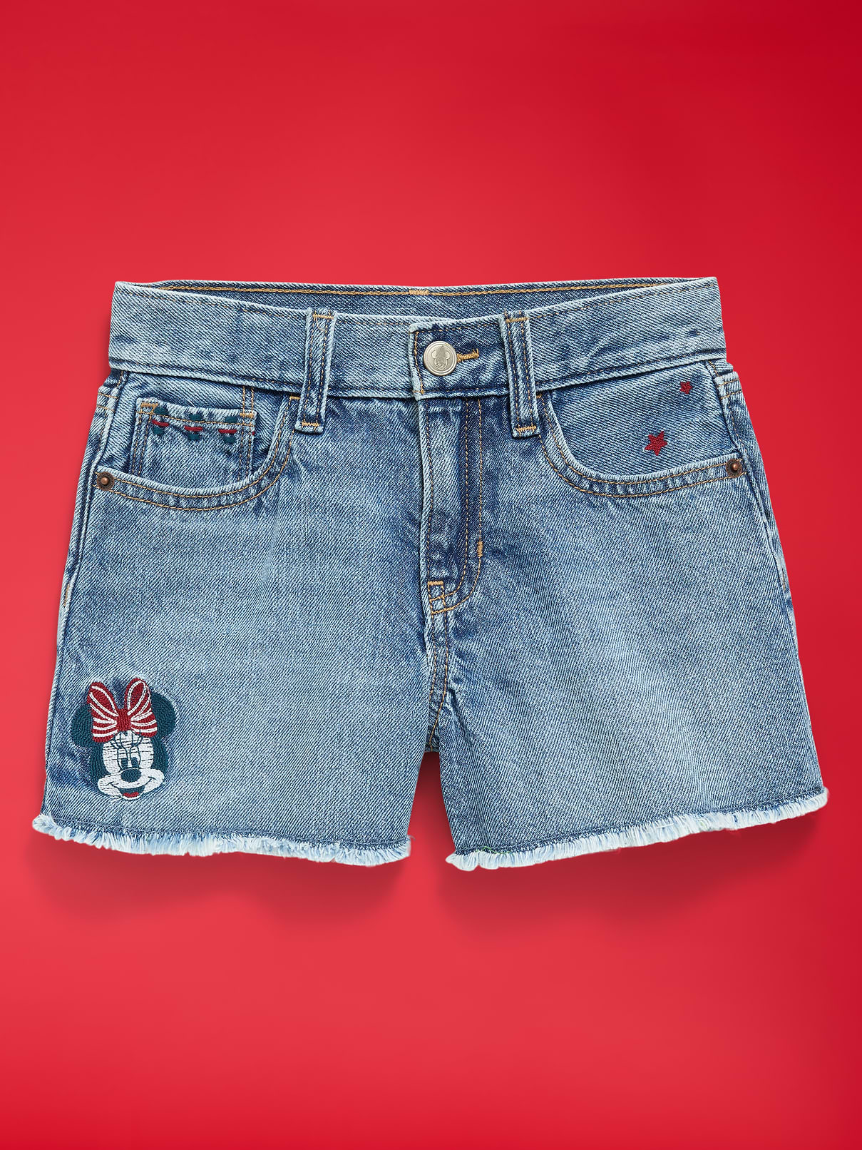 Image number 4 showing, Old Navy x Disney Minnie Mouse Embroidered High-Waisted Frayed-Hem Jean Shorts for Girls