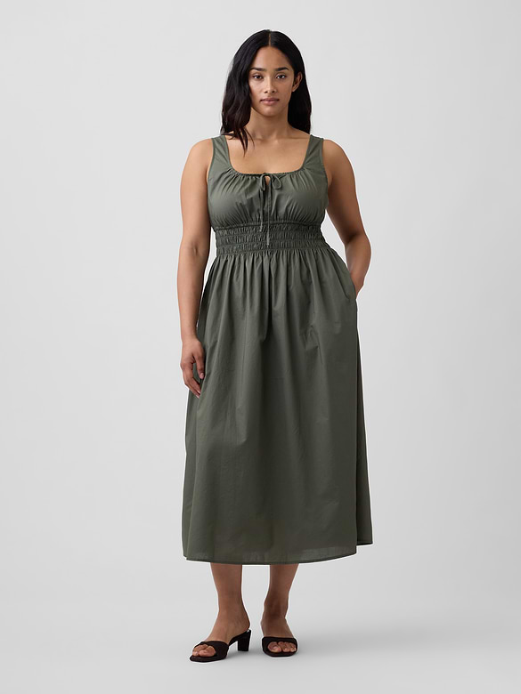 Smocked Tie-Front Midi Dress