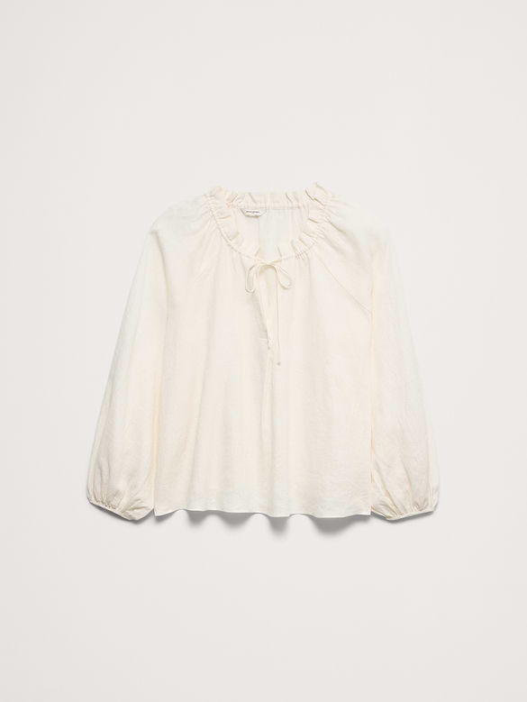 Linen Ruffle-Neck Top
