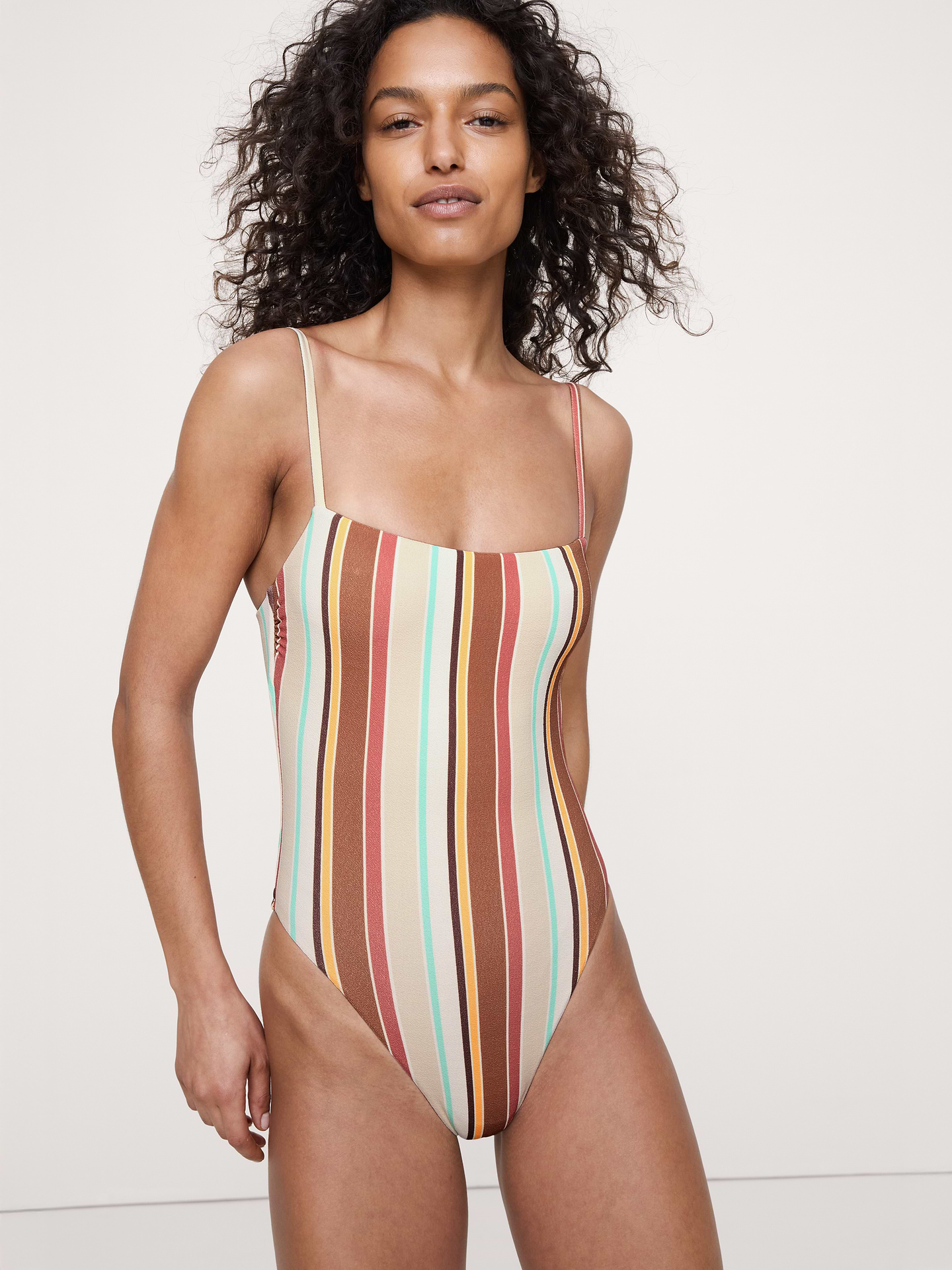 Image 1 of 4, Sleek, supportive, and endlessly versatile—this one piece has elegant square neckline, over-the-shoulder adjustable straps, and an internal shelf bra for added support., Vitamin A: California-designed swimwear blending feminine design with sustainable, luxe recycled fabrics., Internal shelf bra., *One size fits most., Product #899897
