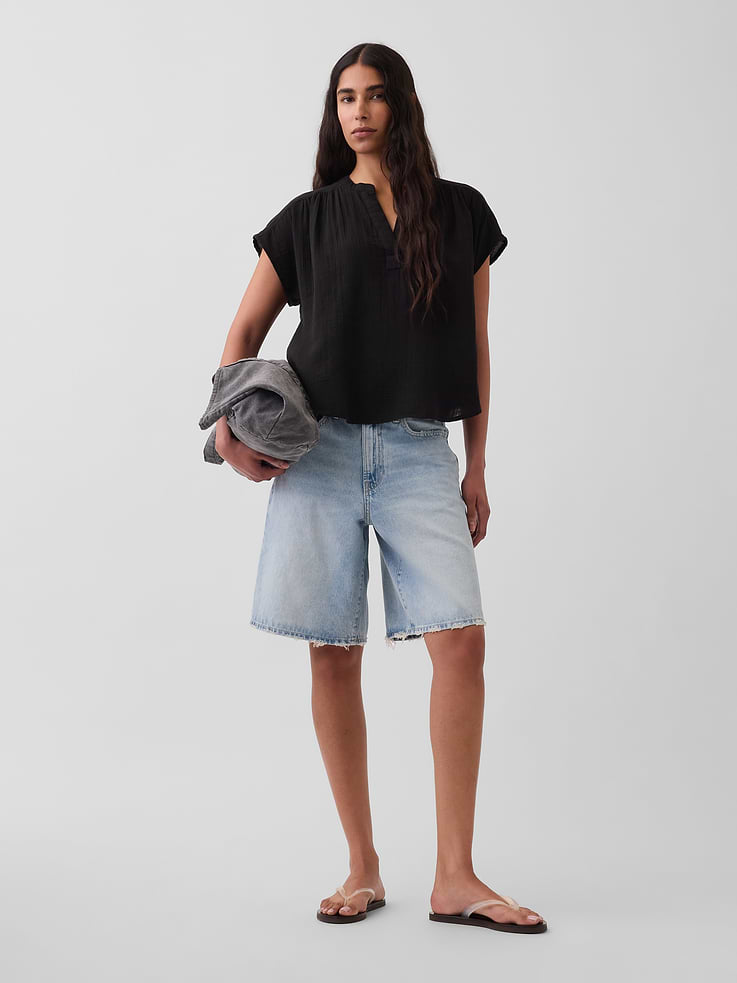 Image number 2 showing, Cotton Gauze Oversized Split-Neck Top