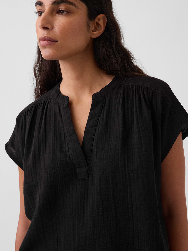 Image number 4 showing, Cotton Gauze Oversized Split-Neck Top
