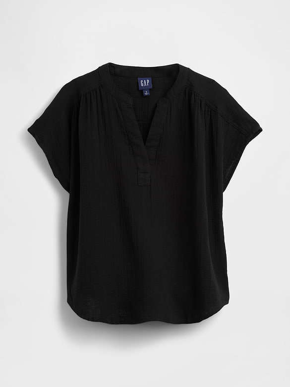 Cotton Gauze Oversized Split-Neck Top