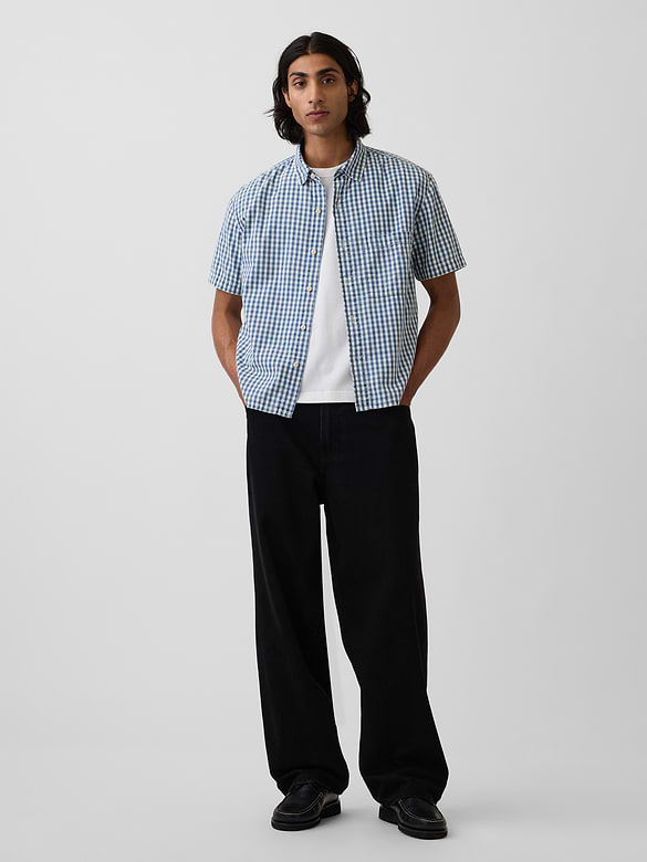 Gingham Denim Relaxed Straight-Hem Shirt