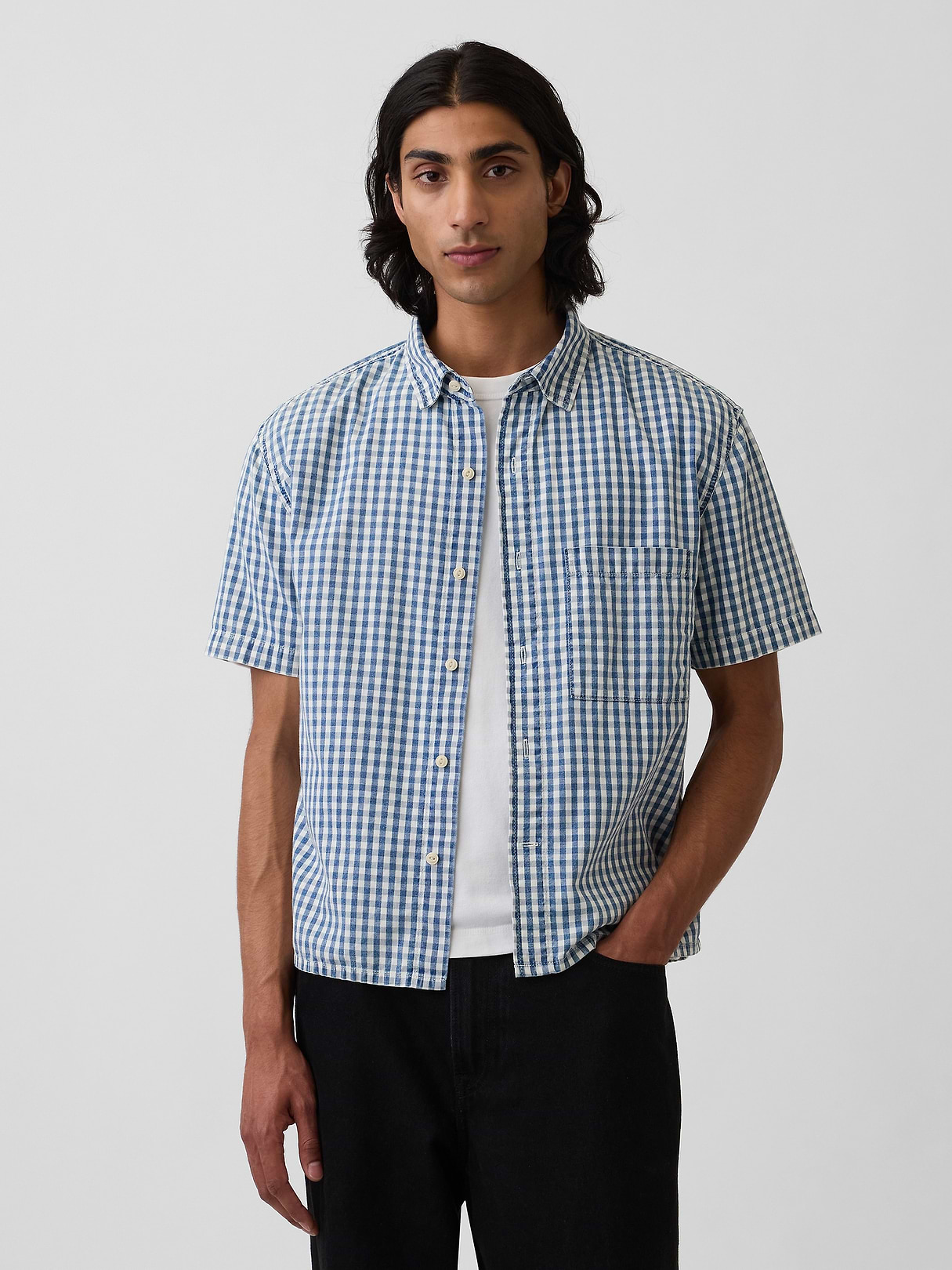 Gingham Denim Relaxed Straight-Hem Shirt | Gap