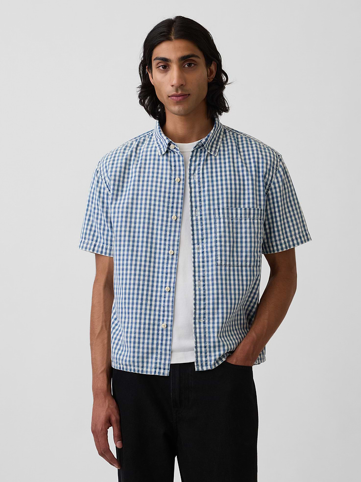 Image number 1 showing, Gingham Denim Relaxed Straight-Hem Shirt