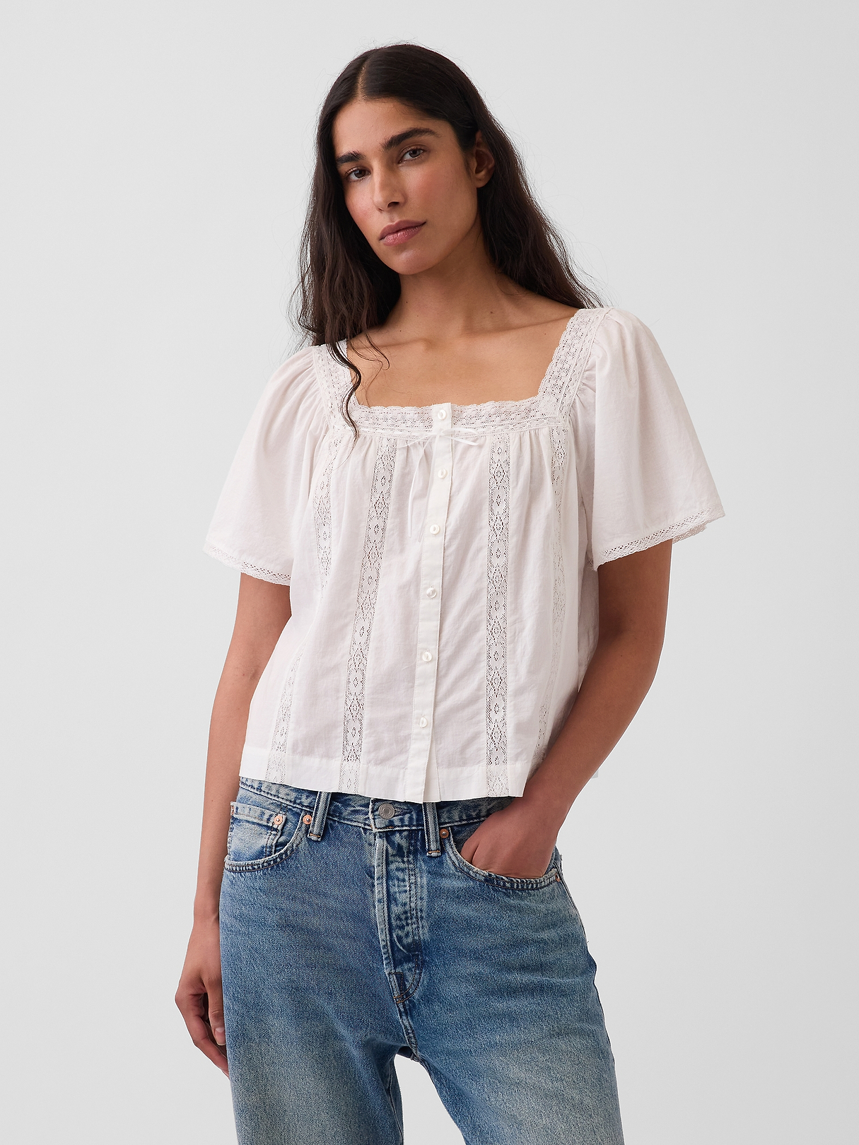 Lace-Trim Square-Neck Swing Top | Gap