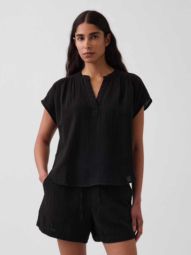 Image number 1 showing, Cotton Gauze Oversized Split-Neck Top