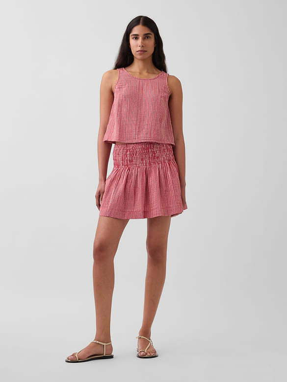 Cotton Gauze Smocked-Waist Mini Skort