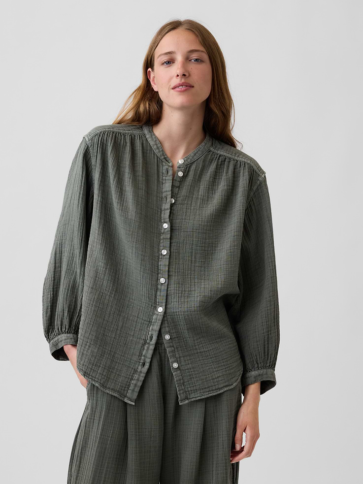 Image number 1 showing, Cotton Gauze Oversized Collarless Shirt