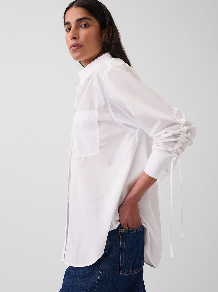 Image number 4 showing, Organic Cotton Poplin Oversized Ruched-Sleeve Shirt