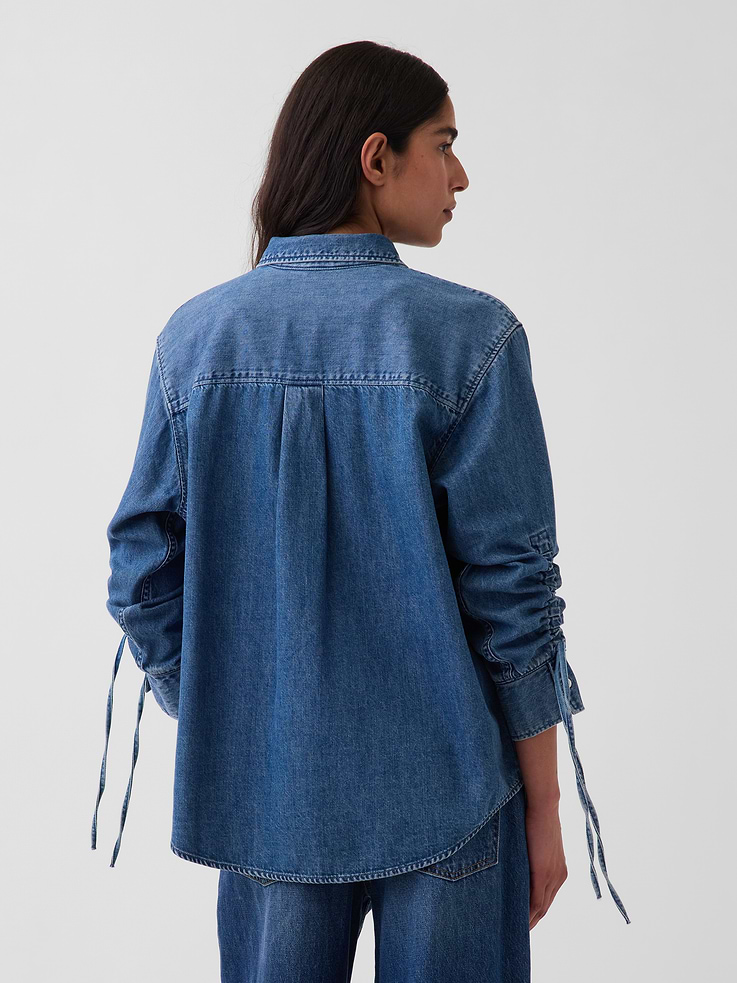 Image number 3 showing, UltraSoft Denim Oversized Ruched-Sleeve Shirt