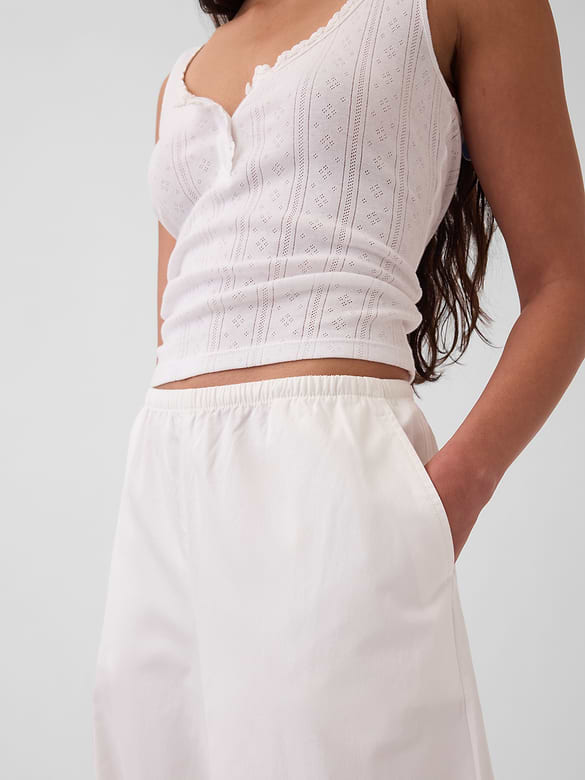 Mid Rise Poplin Relaxed Easy Wide-Leg Pants