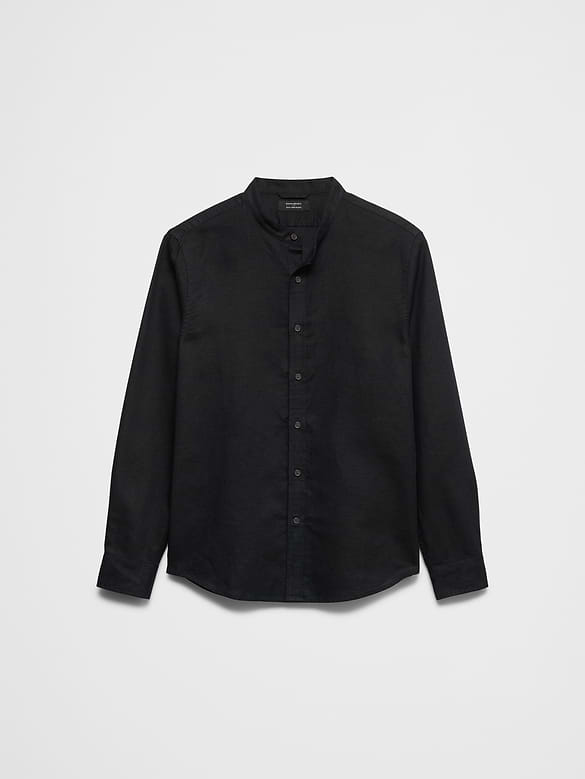 Slim-Fit Linen-Blend Banded-Collar Shirt
