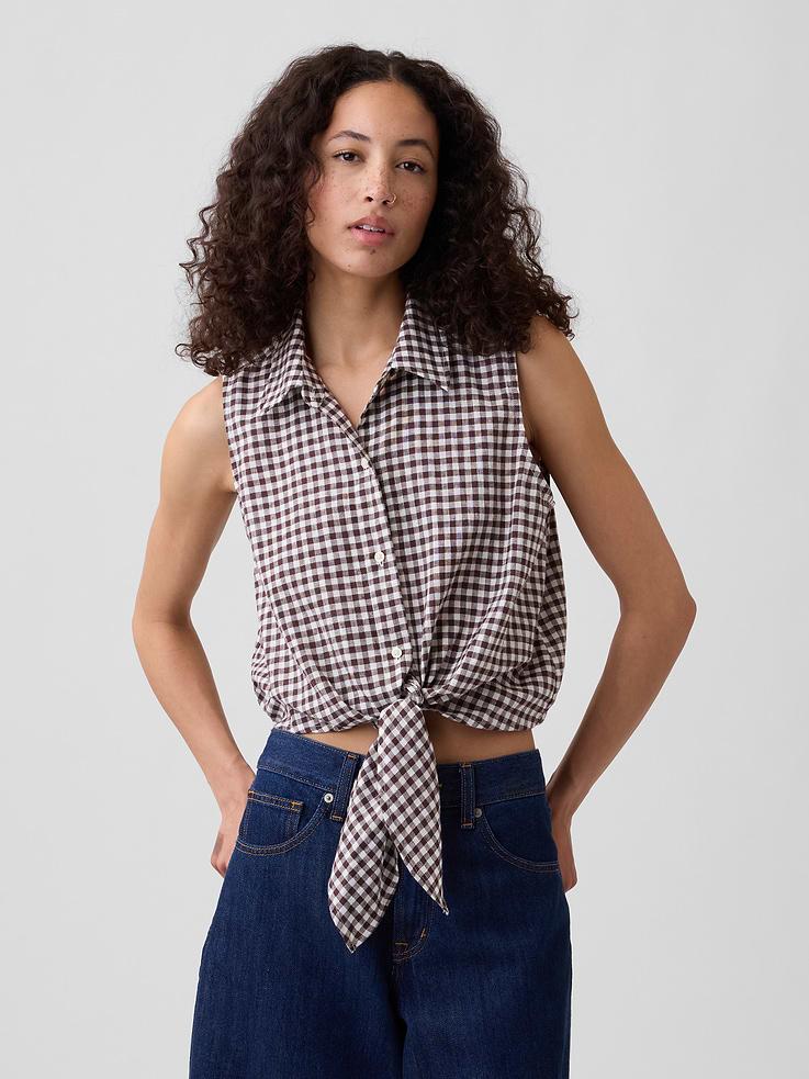 Image number 1 showing, Relaxed Sleeveless Tie-Front Shirt