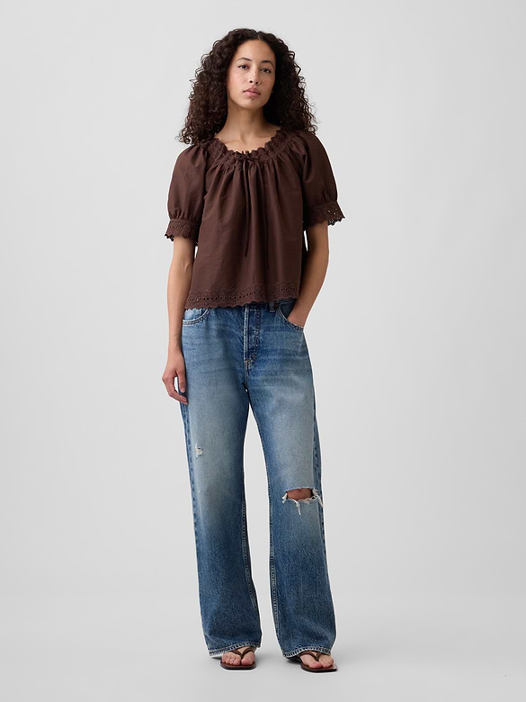 Relaxed Embroidered Tie-Front Top