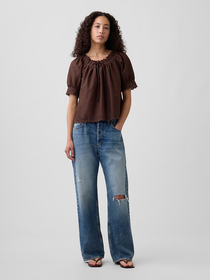 Image 3 of 5, Relaxed Embroidered Tie-Front Top