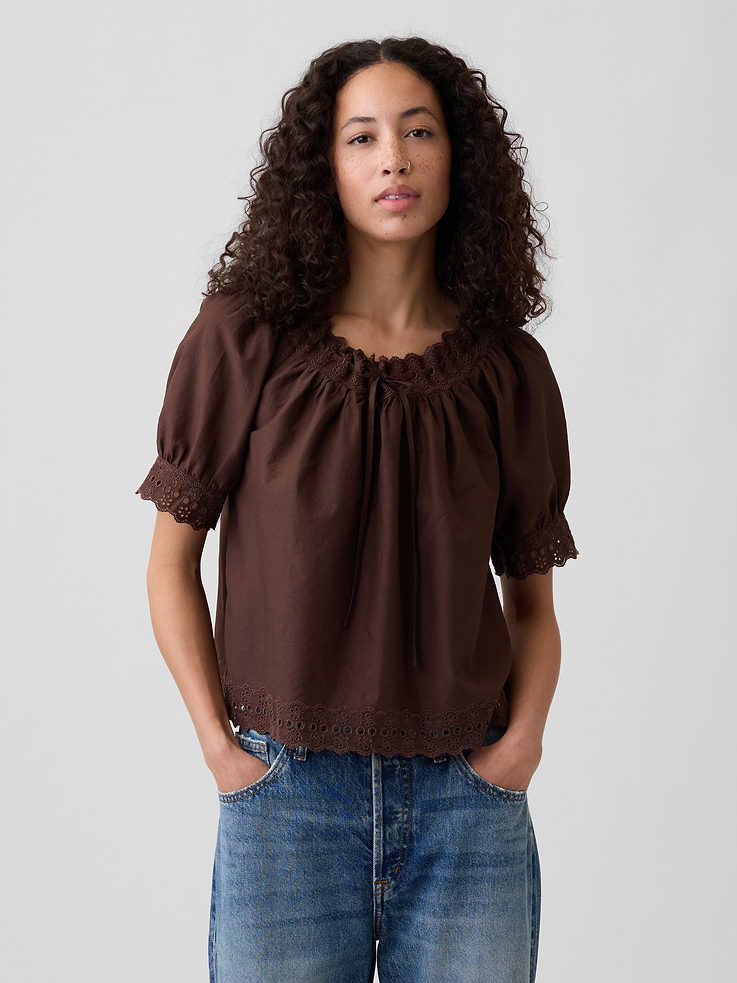 Image 1 of 5, Smooth weave with embroidery throughout., Elbow-length puff sleeves., Drawcord ties and shirring at round neckline., Scalloped hem., Product #1177162
