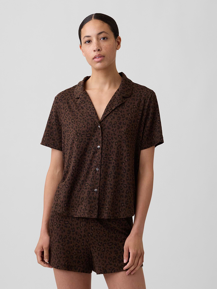 Image 1 of 4, Soft modal sleep shirt with stretch., Dropped shoulder, short sleeves., Notch spread collar, button front., Patch pocket at chest., Select styles have allover print or stripes., Note: The dye used in the crafting of this product is prone to crocking, or color transfer. Please avoid contact with light-colored fabric or upholstery., Product #743815