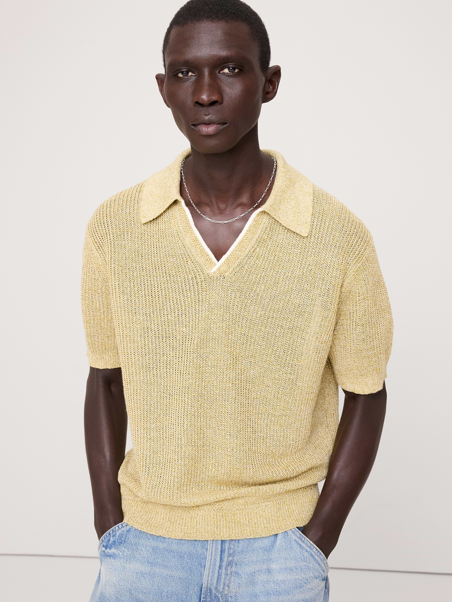 Image number 1 showing, Linen-Cotton Johnny-Collar Sweater Polo