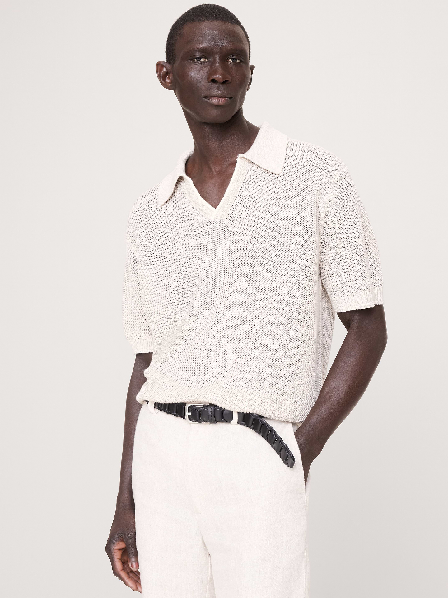 Image number 1 showing, Linen-Cotton Johnny-Collar Sweater Polo