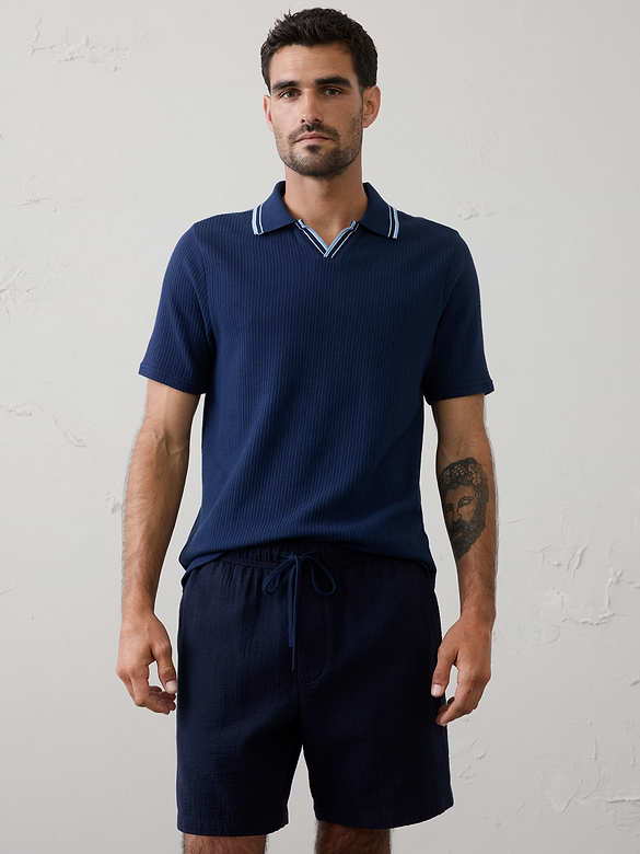 Crinkle Ribbed Johnny-Collar Polo