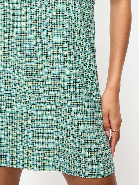 Linen-Blend Apron-Neck Mini Shift Dress