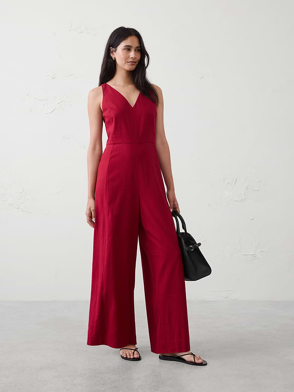 Linen-Blend V-Neck Jumpsuit