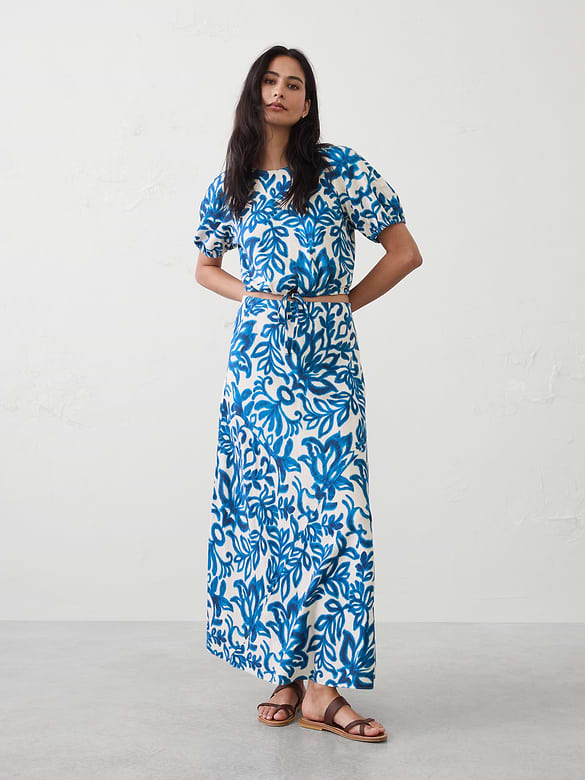 Linen-Blend Bias Pull-On Maxi Skirt