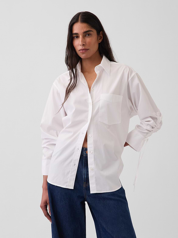 Organic Cotton Poplin Oversized Ruched-Sleeve Shirt