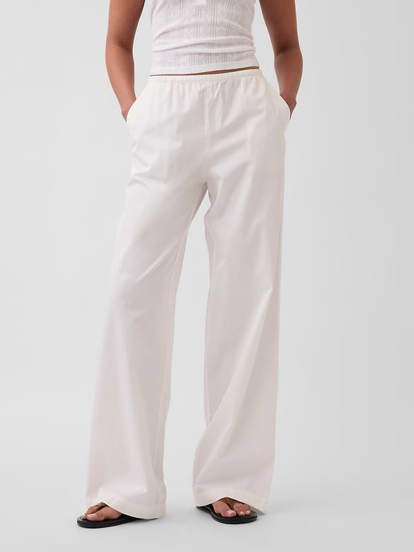 Mid Rise Poplin Relaxed Easy Wide-Leg Pants