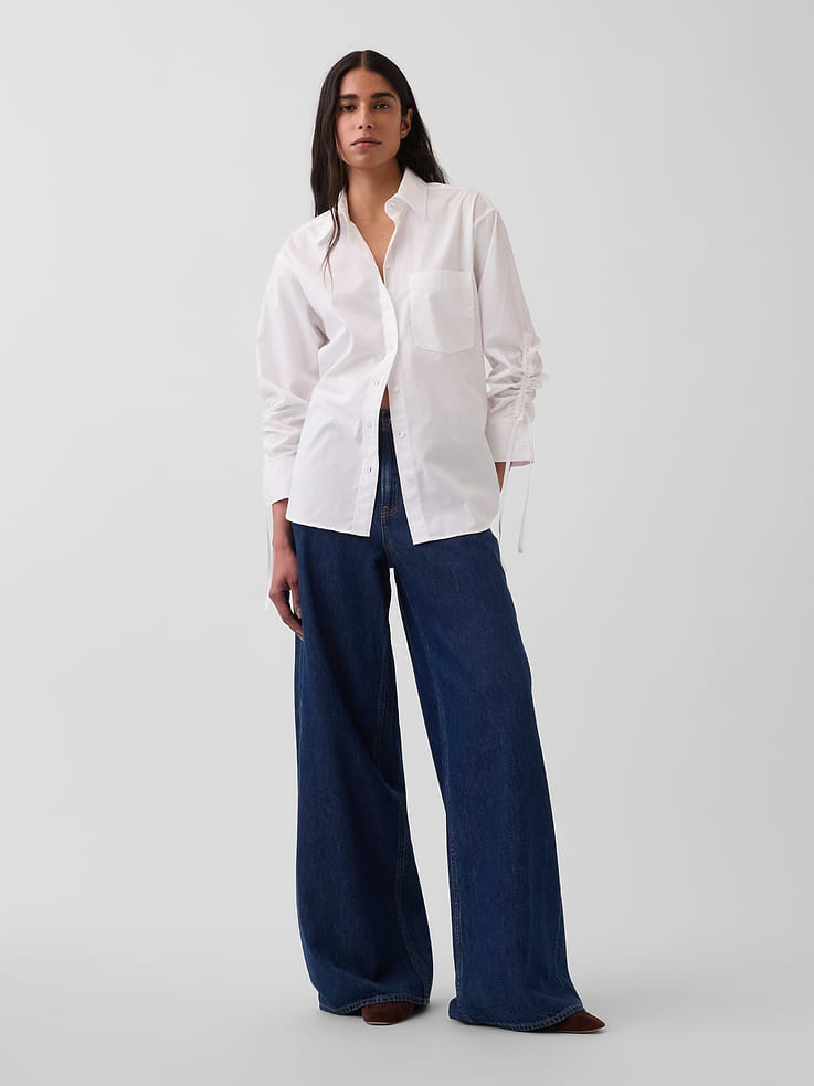 Image number 2 showing, Organic Cotton Poplin Oversized Ruched-Sleeve Shirt
